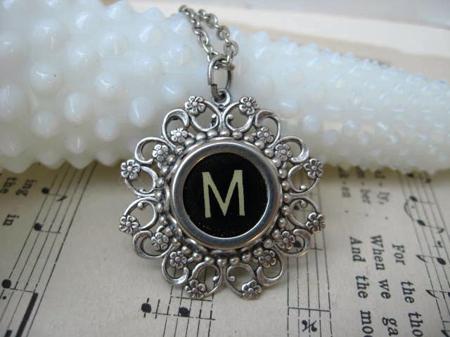 Typewriter Jewelry Necklace - Letter M - Antique Typewriter Key - Silver Round Floral