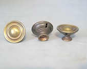 Vintage Metal Round Knobs and Back Plates with Brass Finish Set of 3 / Distressed Pull Knobs and Matching Trim Plates Hardware Included