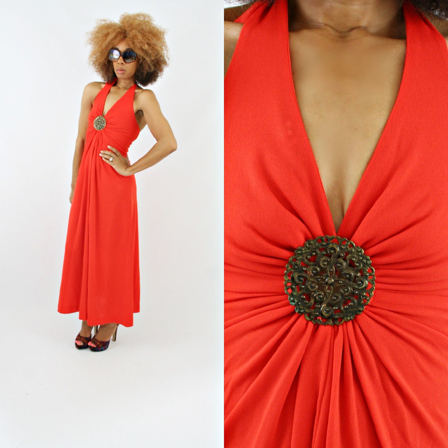 vintage 70s SUNBURST orange keyhole plunging HALTER maxi dress size XS/S