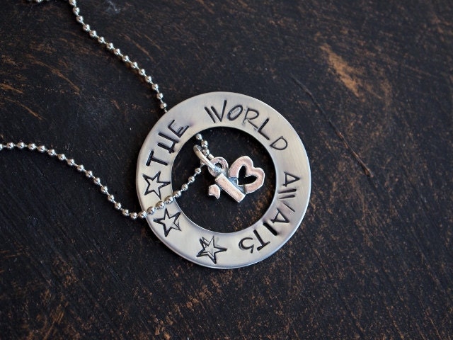 The World Awaits-- Stamped Washer Necklace, Graduation Necklace