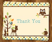 Forest Friends Baby Shower Thank You Cards, Blue, Green, OR Pink, Set of 25 with envelopes, FREE shipping