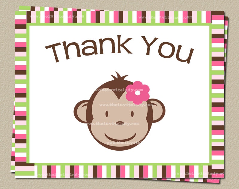 Monkey Thank You Cards, Sock Monkey, Blue, Green, OR Pink, Set of 25 with envelopes, FREE shipping