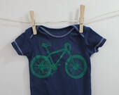Mountain Bike Baby Onesie, READY TO SHIP, Bicycle, Excellent baby shower gift, navy blue and green