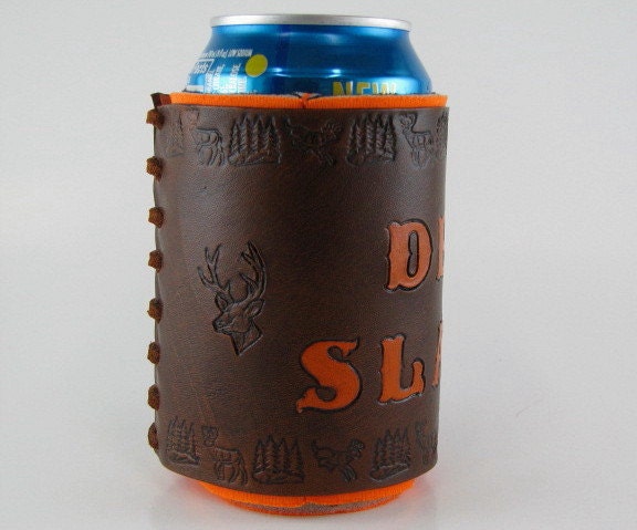 Leather Koozie Deer Slayer Safety Orange