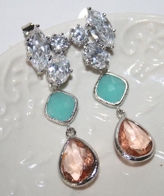 Peach Mint & Rhinestone Teardrop dazzling Statement Earrings, Wedding Bridal Cubic Zirconia Rhinestone Mint and Peach Luxury Earrings