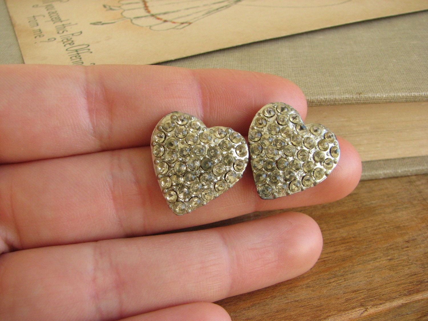 Romantic  Rhinestone Heart Earrings -repurposed vintage button posts-