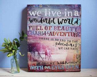 Wonderful World - 16" x 20" original mixed media painting - inspirational nature artwork, hand lettering and typography