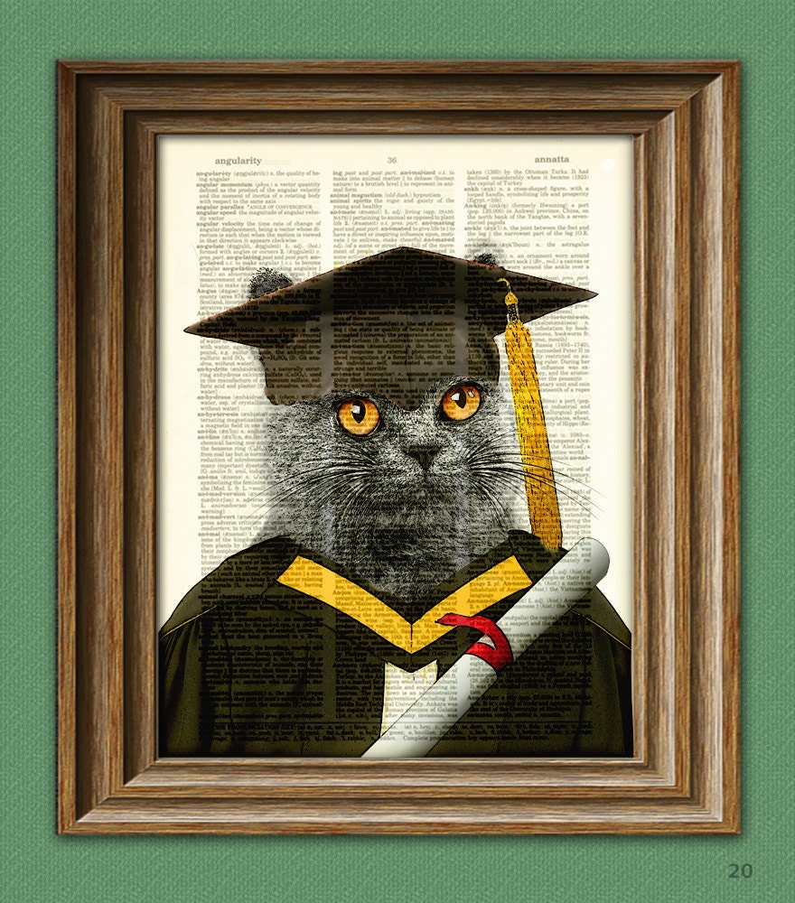 Graduation Cat with cap, gown and diploma beautifully upcycled dictionary page book art print