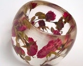 Super Chunky Statement Bangle with Red Roses.  Botanical Jewelry.  Red Real Flowers.