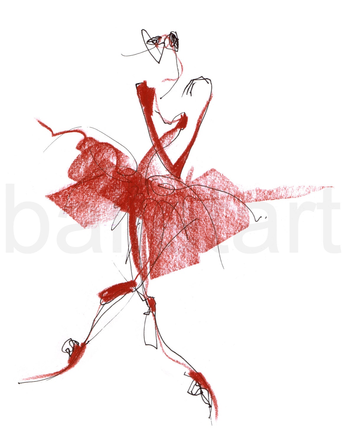 From Carmen's pointe of view - ballet art drawing - hand drawing, black ink, brick red pastel , paper