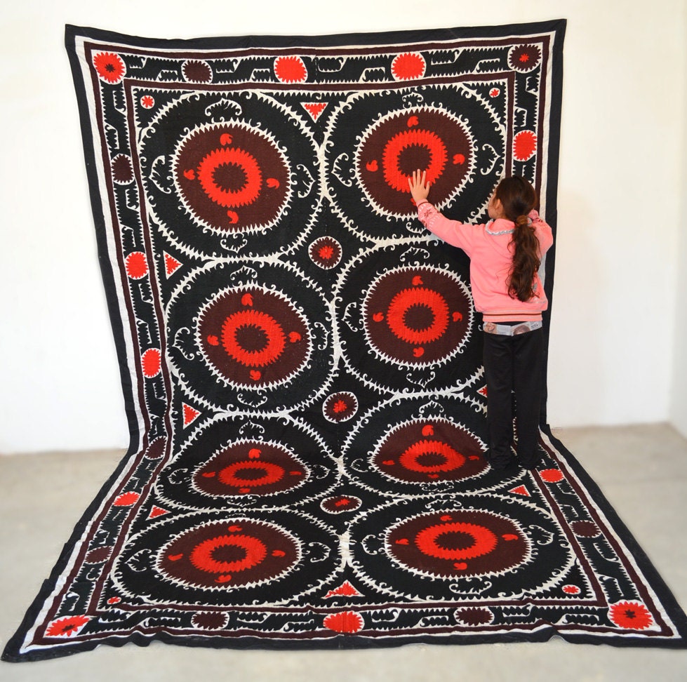 Very beautiful HUGE wall hanging Antique Suzani from Uzbekistan - fully surface handmade silk embroidery.