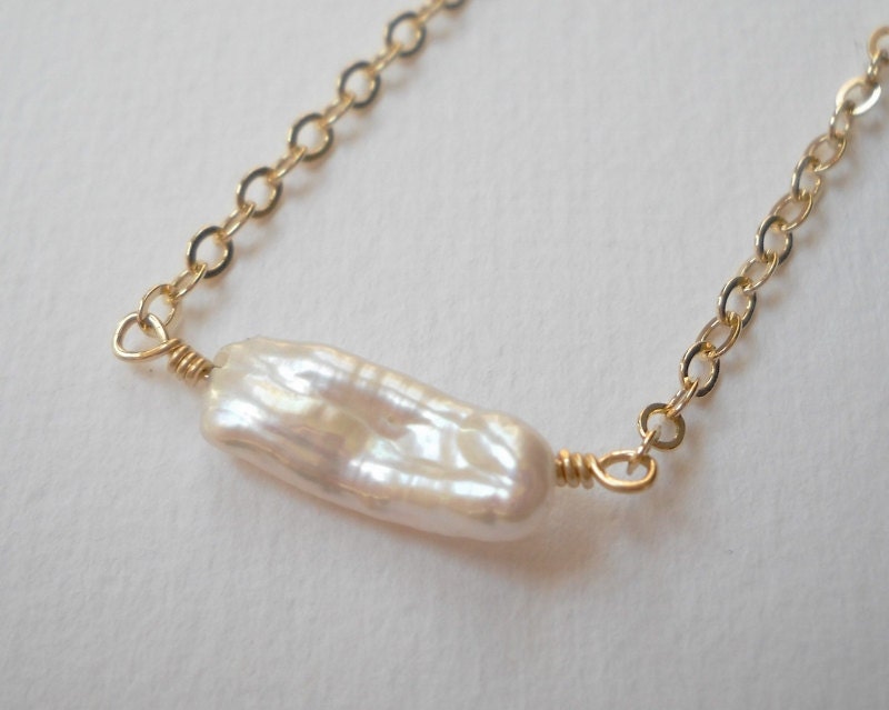 Biwa Stick Pearl Necklace - Gold Filled Single Pearl Necklace Keishi Pearl Beadwork Necklace