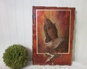 vintage Praying Hands Wood Clock scalloped notched edge. Retro Religious Christian Catholic Prayer image. Prairie Farmhouse Cabin Cottage