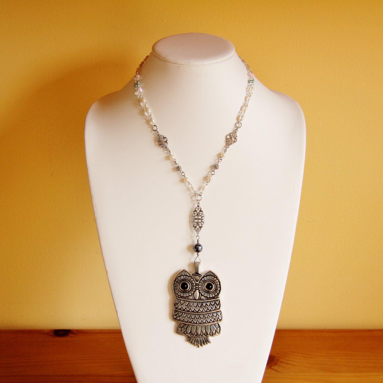 Reclaimed OWL and pearl necklace, recycled, eco friendly