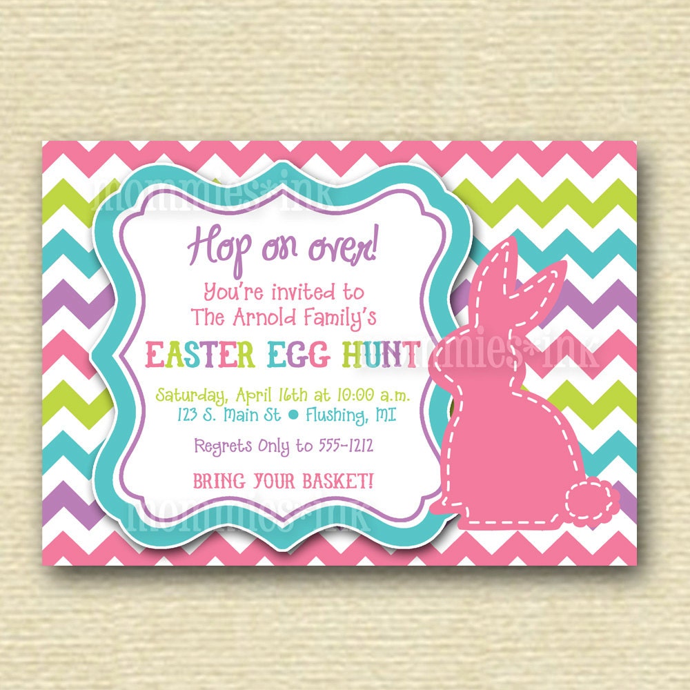 Chevron Stitched Bunny Rabbit Easter Egg Hunt Invite - PRINTABLE INVITATION DESIGN Il_570xn