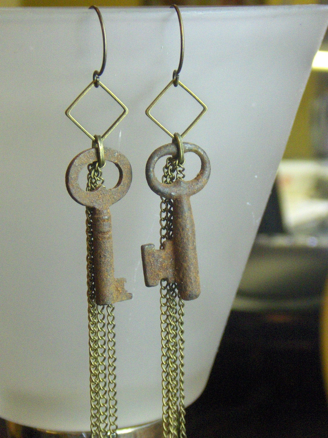 YESTERDAY. Antique Rusty Mini Skeleton keys, art deco squares and chain fringe rustic tassel earrings