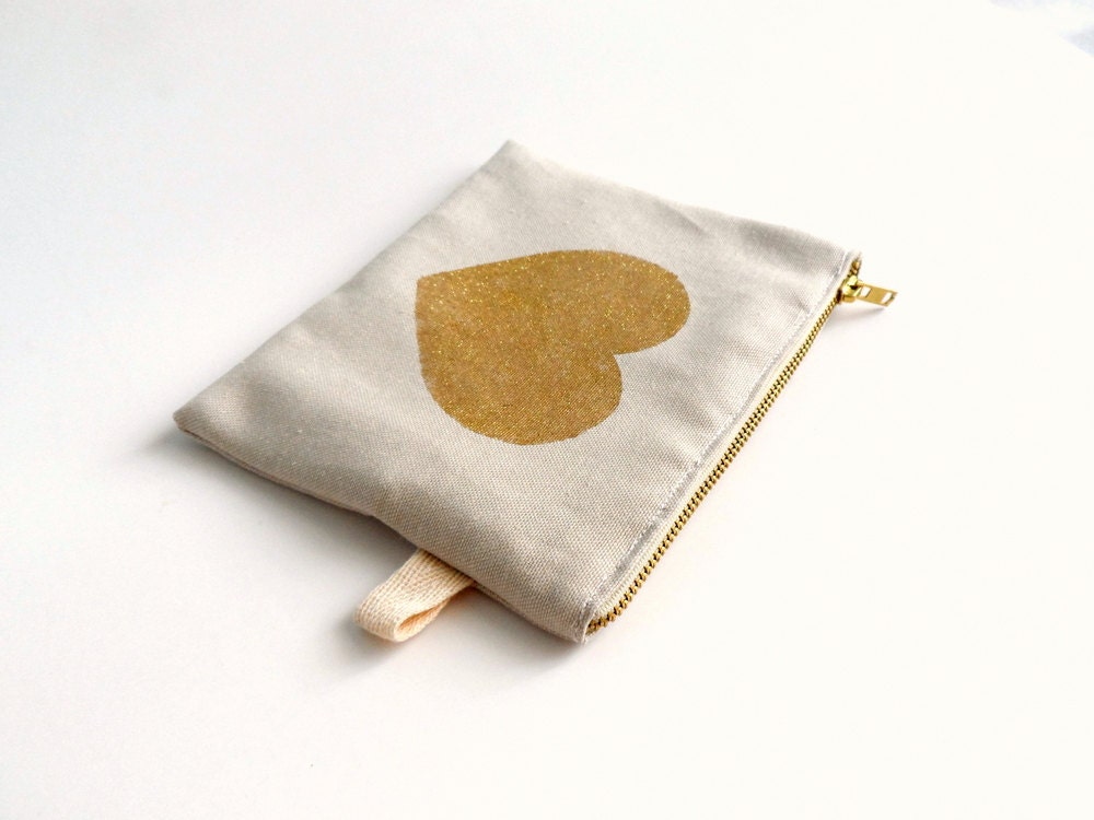 Golden Heart Zipper Clutch, Large Pouch, make up bag, purse