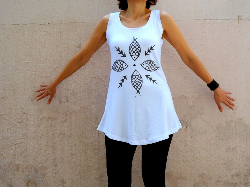 Black Fish Design-  Women Tank Top, Hipster Tunic Dress, Sleeveless Women Summer Top, Originally  Hand Printed