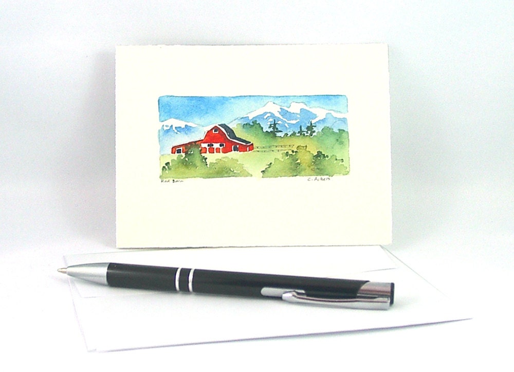 Original Watercolor Card Red Barn