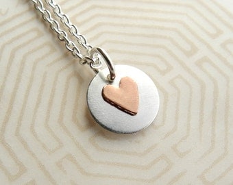 Tiny Heart Necklace. Tiny Copper Heart Necklace. Sterling Silver necklace.  Mixed metal necklace. Eco friendly jewelry.