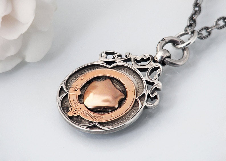 Rose Gold & Sterling Silver Vintage Medal / 1932 / Long Necklace Chain Included