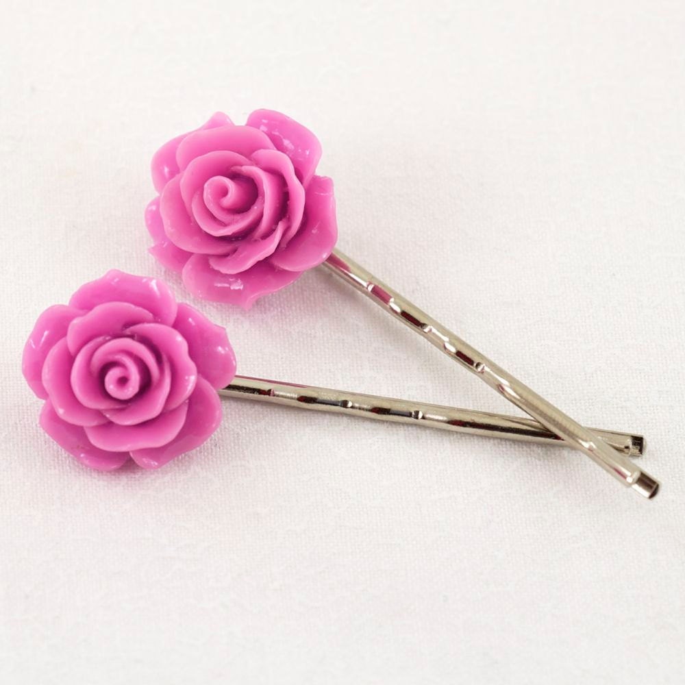 Flower Hair Pins, Pink Resin Rose Cabochon, Set of 2