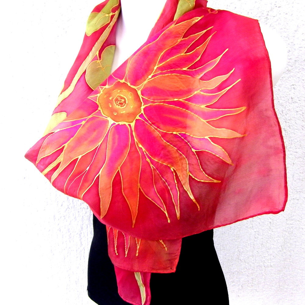 Hand Painted Silk Scarf, Red Orange Lime Green, Sunflowers, Floral Silk Scarflette, Gift Under 40