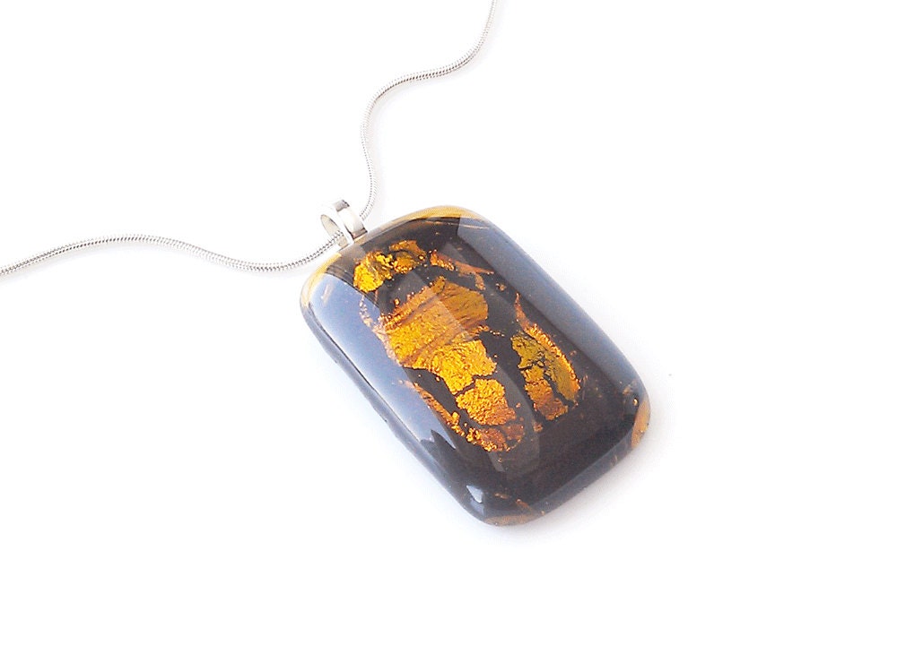 Large Gold & Black Dichroic Pendant, Fused Glass Jewelry