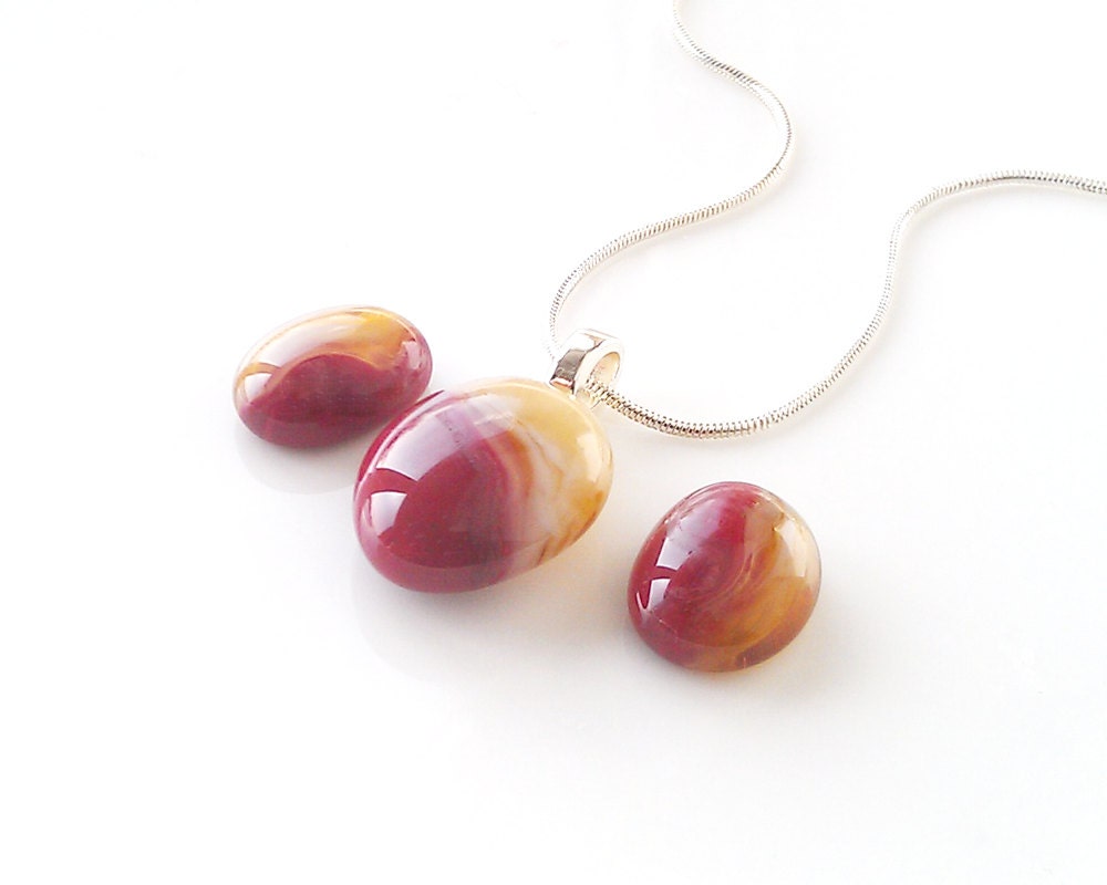 Red and Amber Pendant & Earrings Set, Handmade Fused Glass Jewelry