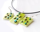 Green Rainbow Dichroic Pendant & Earrings Set, Handmade Fused Glass Jewelry