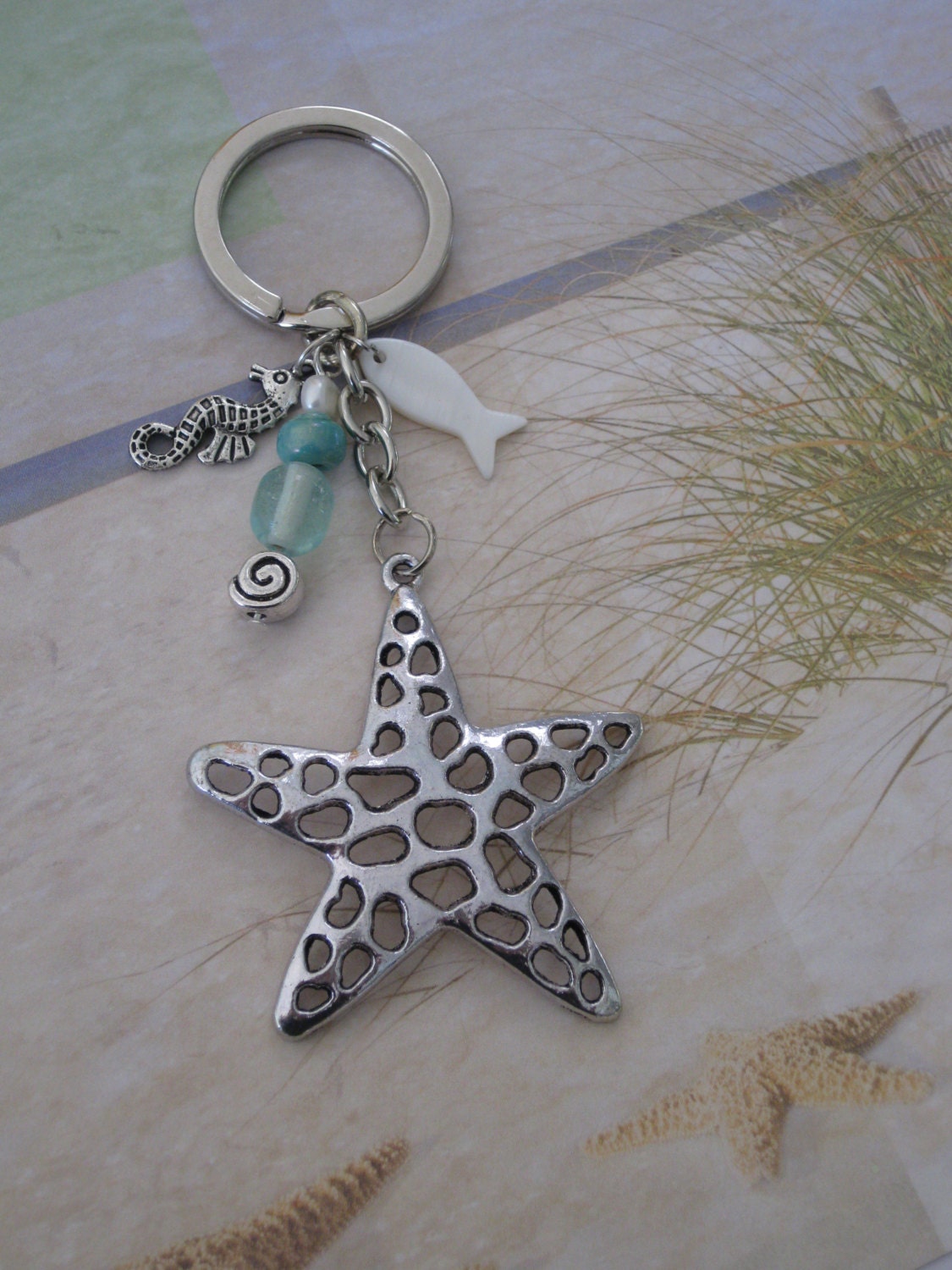 Keychain, Starfish, Seahorse, Silver, Blue, Bead Keychain, Ocean, Beaded Keychain, Beach, Starfish Keychain