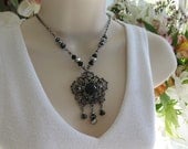 Black Necklace, Beaded Necklace, Silver, Pendant Necklace, Beaded Black Necklace, Statement Necklace, Vintage Inspired,  Bead Necklace