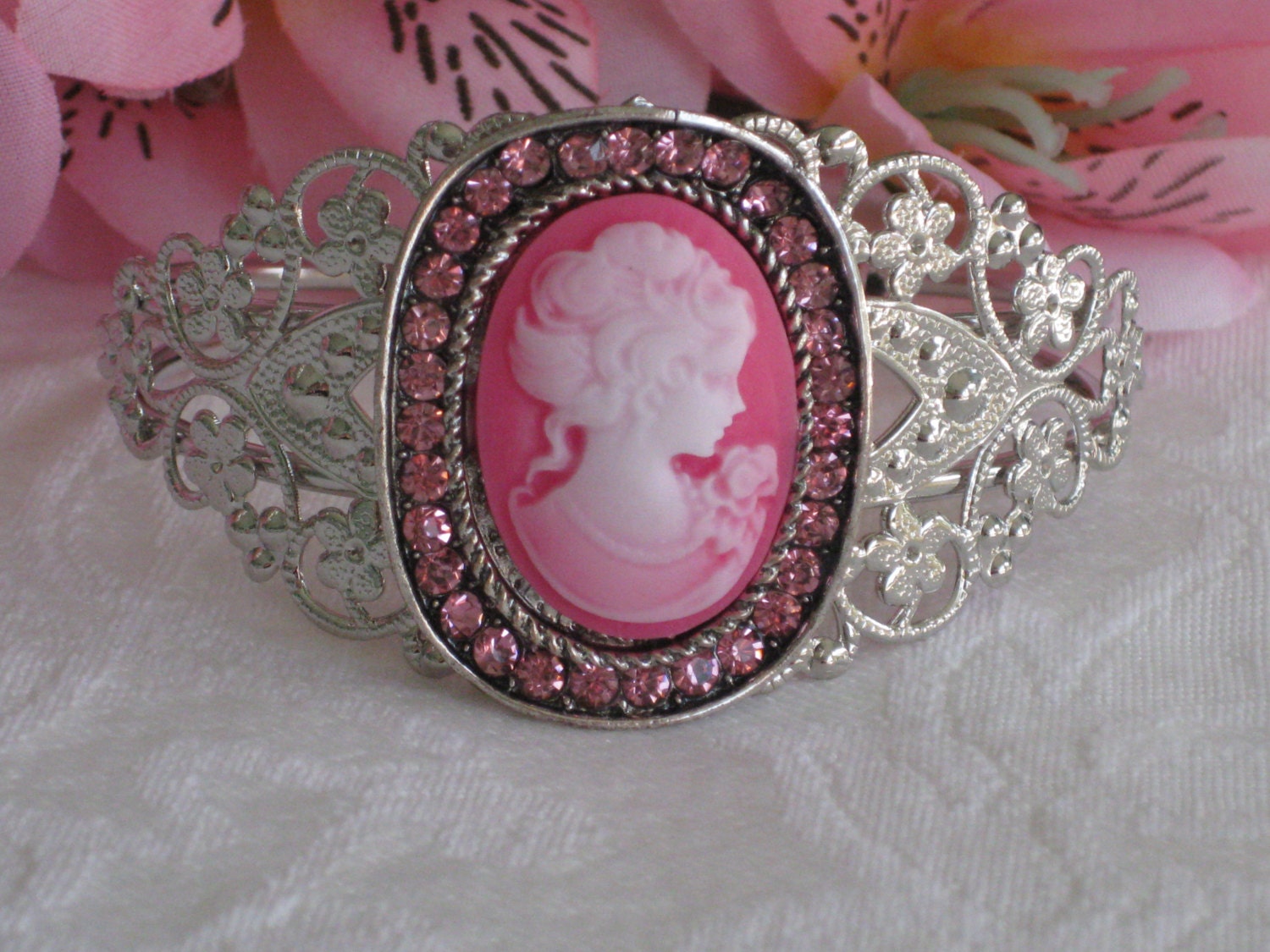 Cameo Bracelet, Lady Cameo, Silver Cuff Bracelet, Cameo Jewelry, Bright Pink Cameo, Cuff Bracelet, Cameo