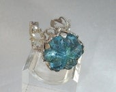 Vintage Blue Ring. Aqua. Silver Plated. Adjustable. Molded Lucite Stone.