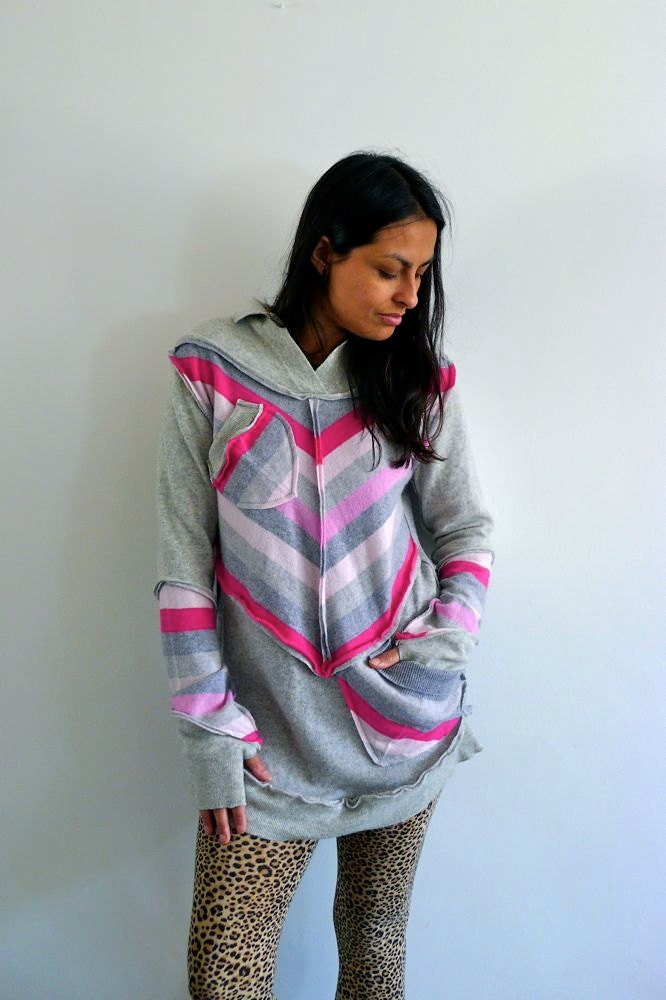 Upcycled Cashmere Jumper Fuchsia Pink & Gray Stripey         Made in England UK