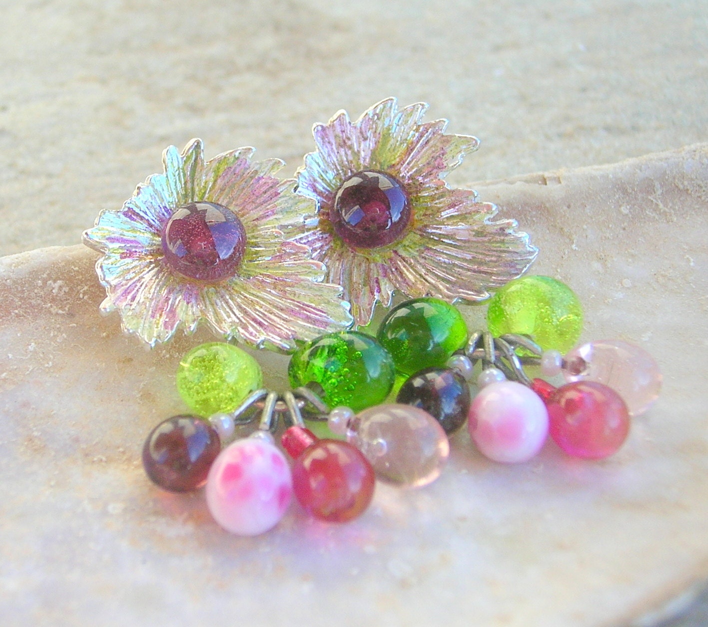 Lampwork Earrings, Patina Leaf, Summer Fashion Colorful Handmade Lampwork Jewelry for Her