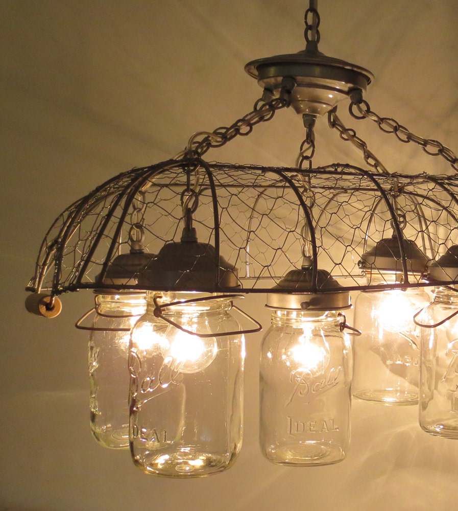 Union. Original CHICKEN WIRE Vintage Inspired 5-Lite Jar CHANDELIER