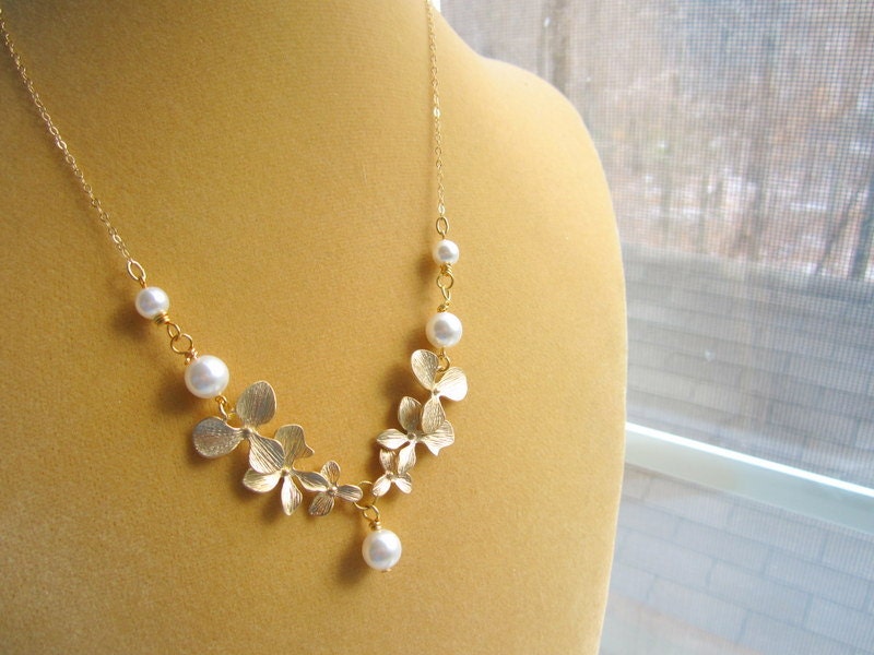 Gold Orchid Necklace Bridal Pearl Floral by MinouBazaar