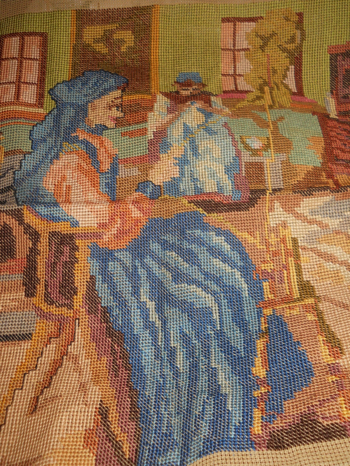 VINTAGE ANTIQUE NEEDLEPOINT of woman spinning wool could be victorian