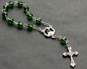 Green Pocket Rosary. Crystal Rosary. Green Rosary with Silver Accents. Handmade Rosary.