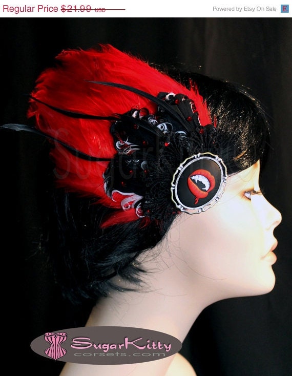 ON SALE Large Red & Black Feather Fascinator with Vampire Teeth Cameo - SugarKitty Corsets