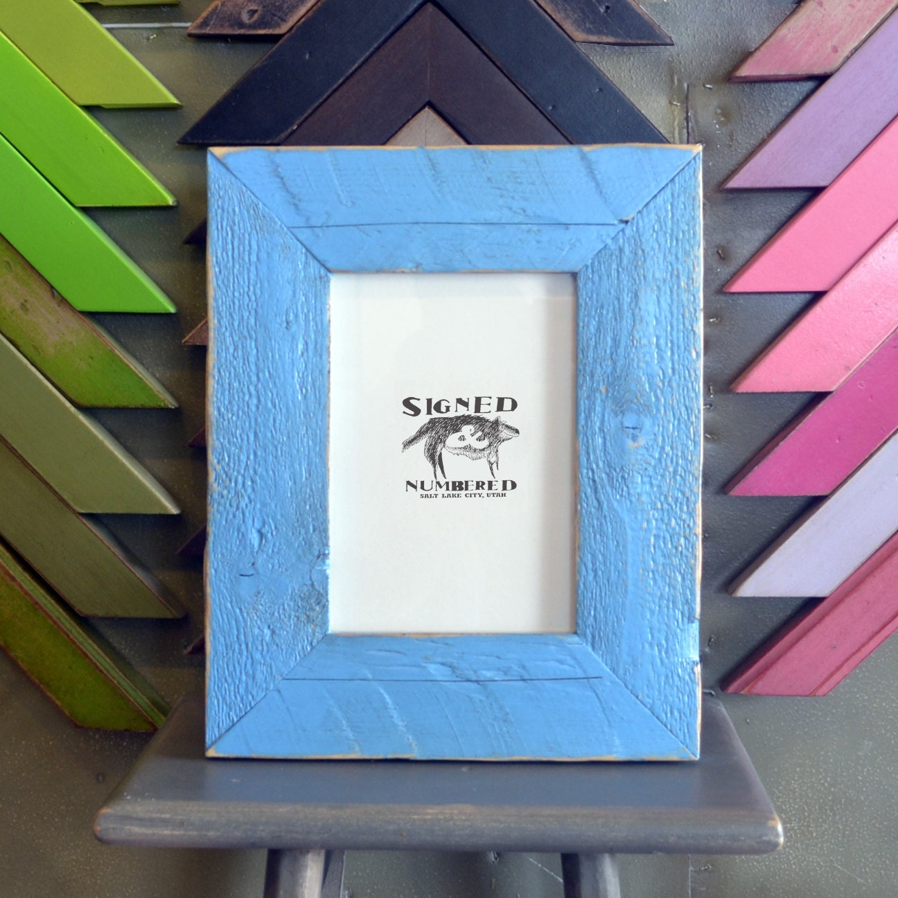 5x7 Picture Frame in 2.25" wide Rustic Reclaimed Pine with Vintage Blue Finish