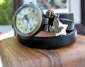 Sale - Wrap Around Black Leather Wrap Watch - Leather Bronze Wrist Watch - Star Bird Charm - Mother of Pear - Watch