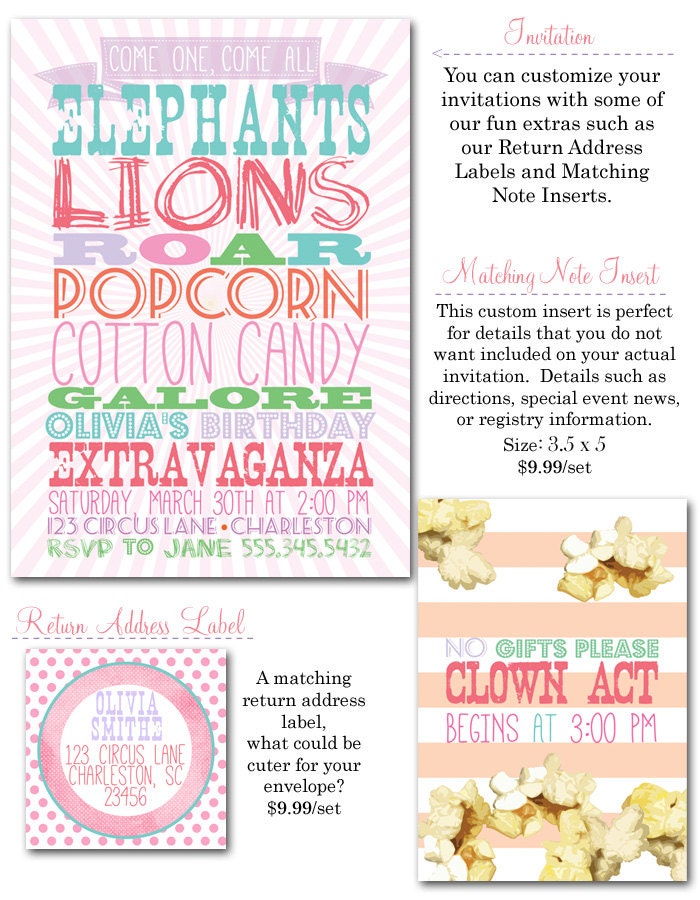 Circus Birthday Girl Party Invites (20 printed 5x7)