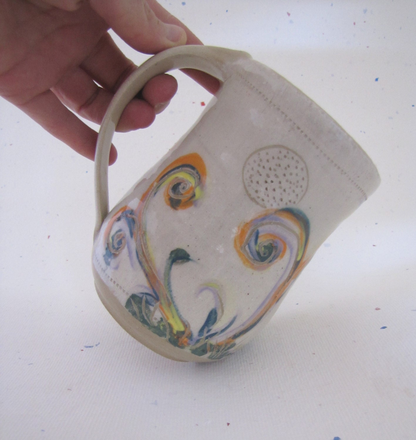 Large Mug Flowers White and Pastel Stoneware