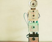 Tower of Cameras - Camera photography, mid century, retro wall art, mint green, beige, living room decor 8x8 Print