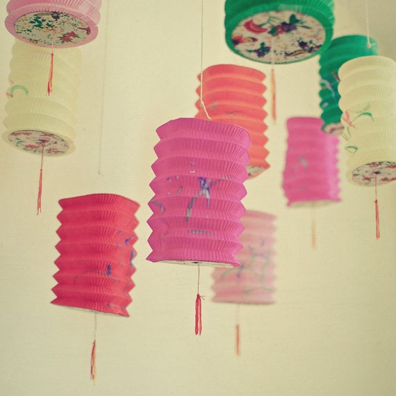 20% SALE Paper Canopy - paper lantern photo, colourful art, gift for her, wedding art, pink, orange and red 8x8 still life print