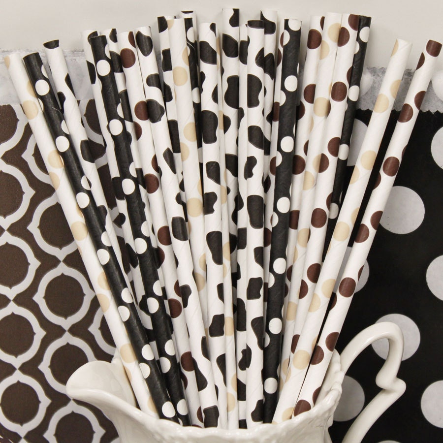 30 Farm Birthday Parties, Cow Paper Straw Assortment with Diy flags, Black Cow, Brown Cow, Spotted Cows,