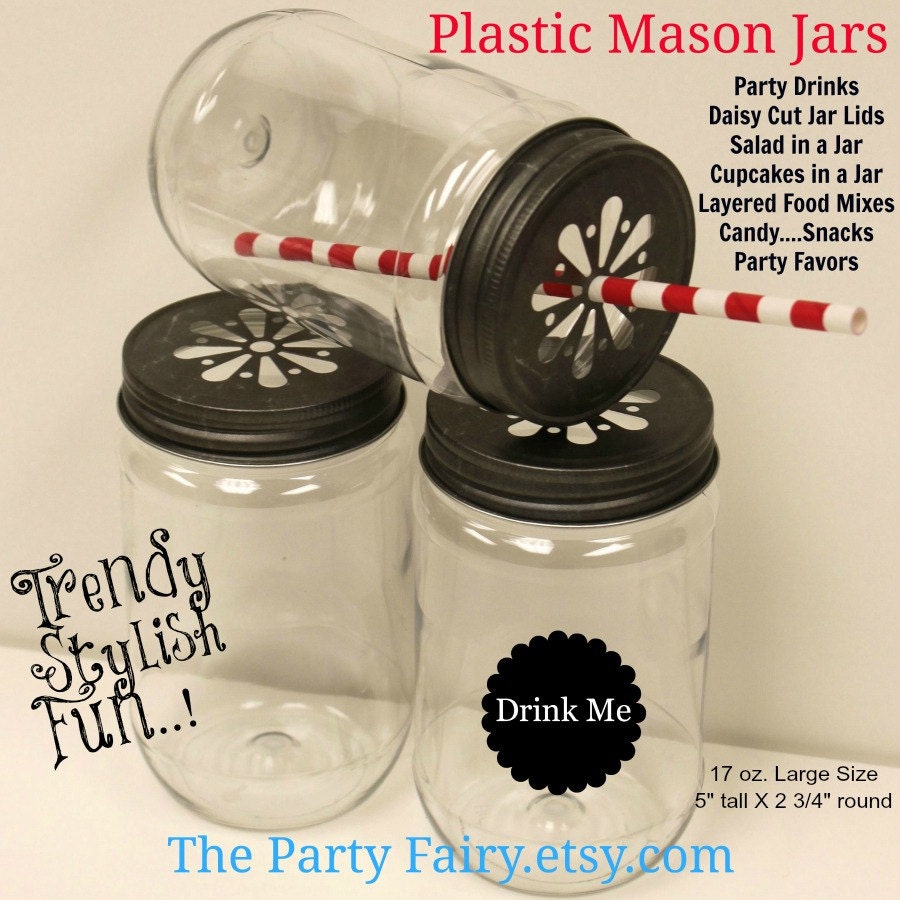 PLASTIC Mason JARS with Daisy Cut Lids....Set of 6.... Plastic UNBREAKABLE, Mason Drink Jar, Salads, Cupcakes, Food Jar