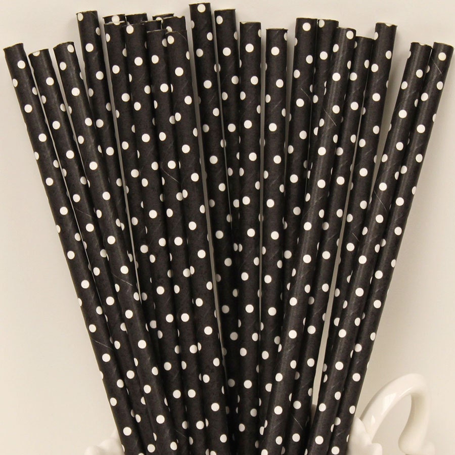 Paper Straws, SOLID BLACK  DOTTY Dots , 25 Paper Drinking Straws, Swiss Dots,Party, Wedding Bar, Black Paper Straws,Polka Dots, Diy flag
